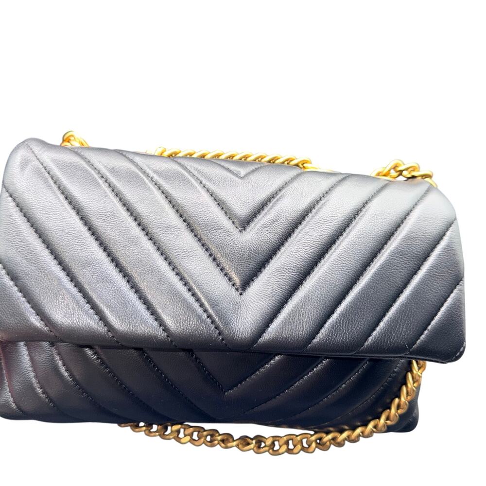 Quince NWT Black Chevron Quilted 100% Sheepskin Leather Crossbody Bag Gold - Picture 9 of 13